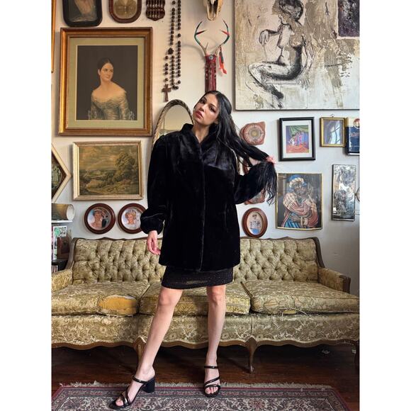 Vintage Black Faux Mink 40s Style Jacket by Outerlayers Ladies Size XL - Picture 2 of 16